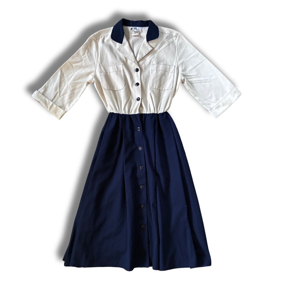 Vintage Nautical Navy & White Colorblock Button Front Midi Dress